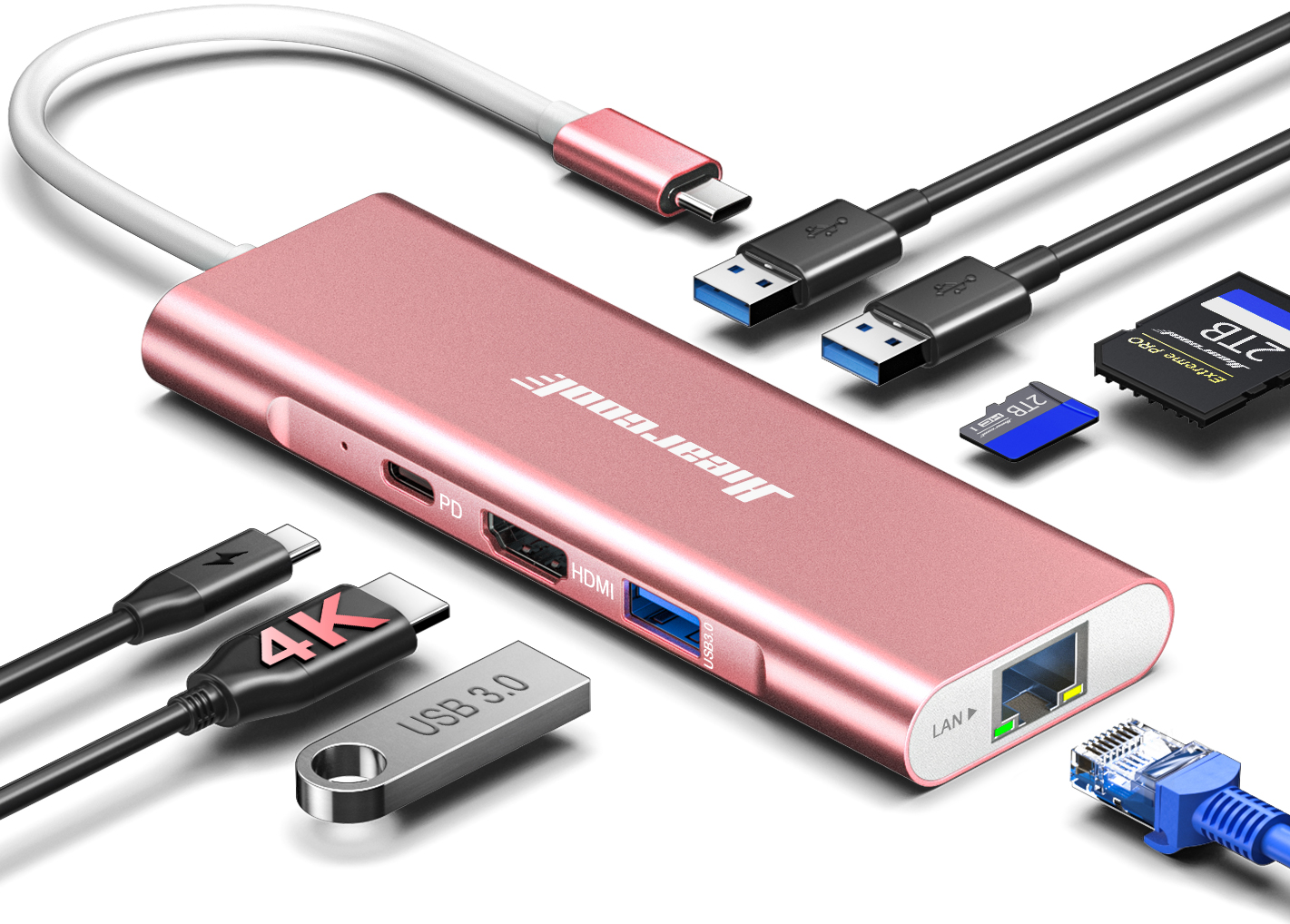 Hiearcool USB C Hub Ethernet, 8in1 USB C Hub Multiport Adapter, USB C to HDMI Docking Station Type C Adapter USB C Dongle Compatible for MacBook Dell XPS HP ASUS and More USB C Devices-Rose Gold