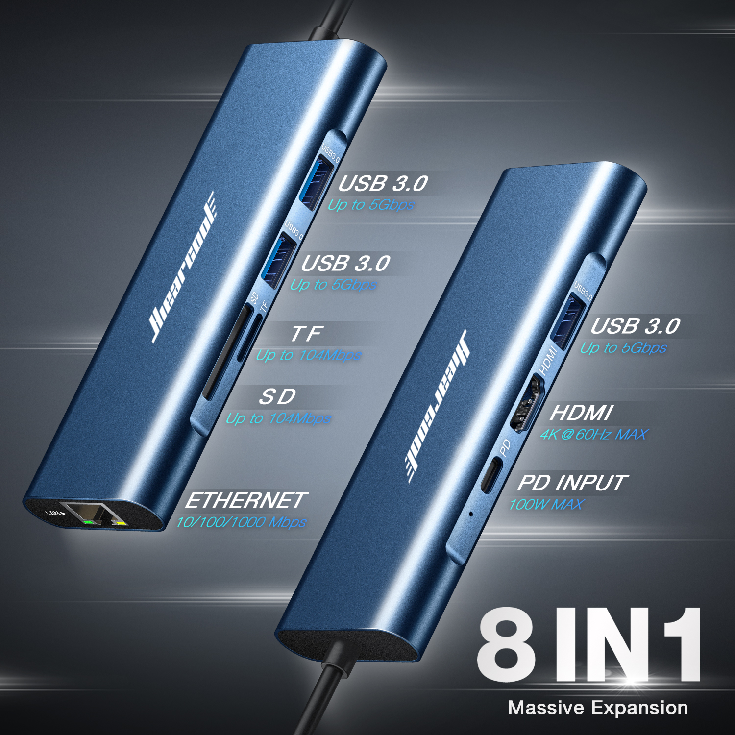 Hiearcool Hub Ethernet USB C, adaptador HDMI USB C de 4K a 60Hz, adaptador  multipuerto tipo C 8 IN1 de 1 Gbps 100 W PD USB C Dock USB3.0 TF/SD Dongle