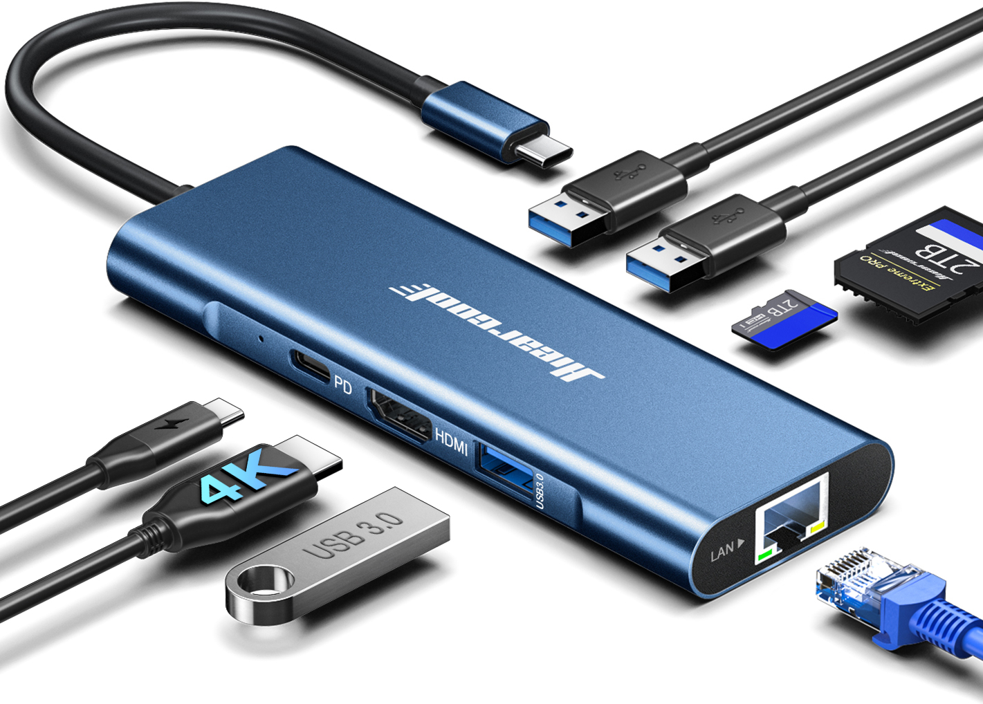 Hiearcool USB C Hub, 8in1 USB C to 4K 60Hz HDMI Docking Station, USB C Ethernet Multiport Adapter 100W PD USB C Dock Compatible for MacBook Pro Air M1 Dell HP Lenovo and Other C Devices-Midnight Blue
