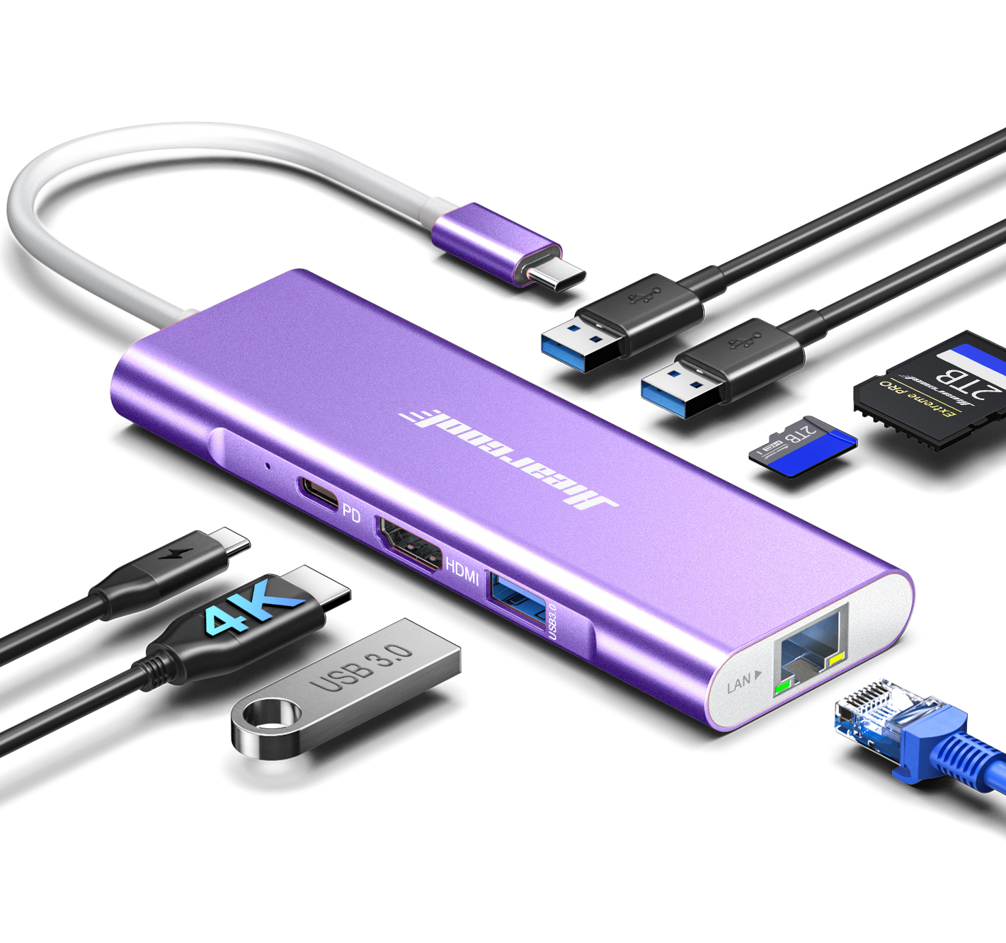 Hiearcool USB C Hub, USB C Ethernet Dongle 4K@60Hz HDMI Multiport Adapter, USB C Docking Station Compatible for MacBook Dell HP Thunderbolt 3 4 Laptops-Purple