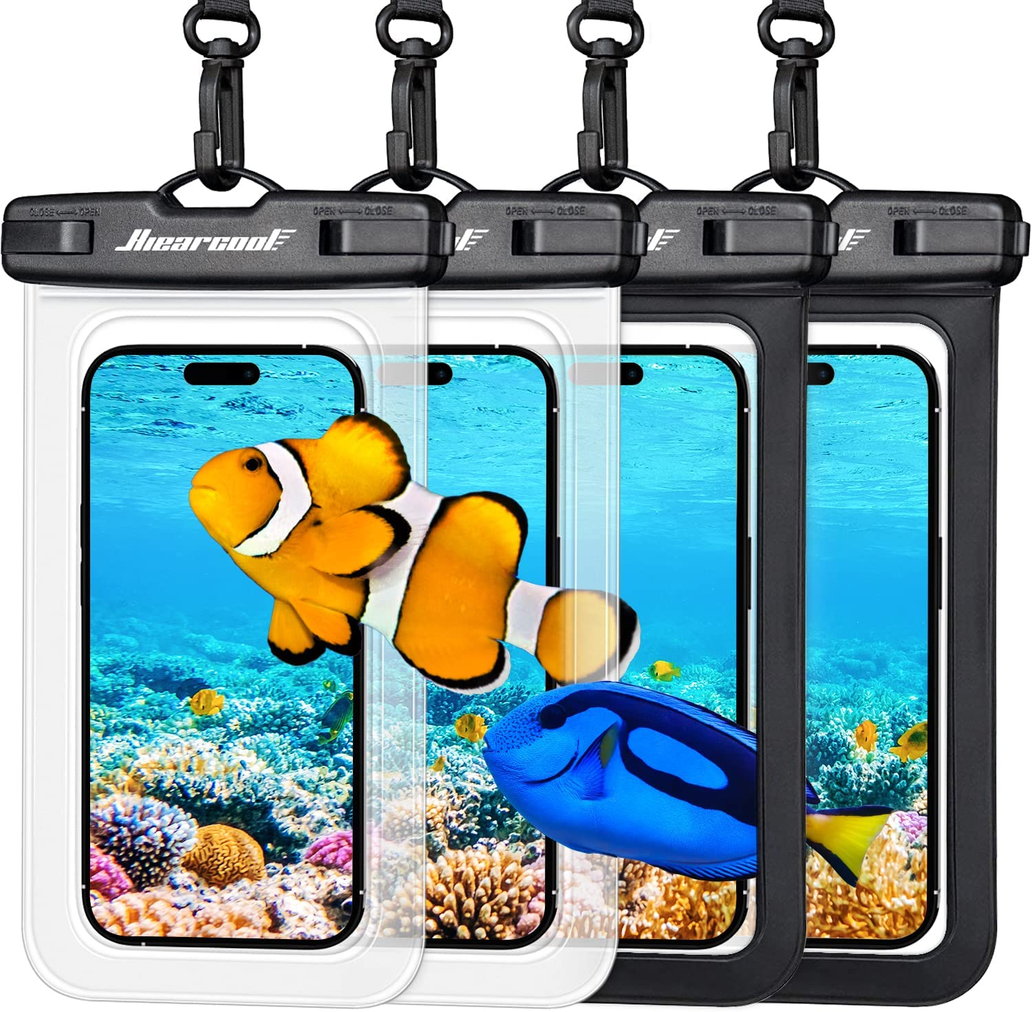 Hiearcool Waterproof Phone Pouch, Waterproof Phone Case for iPhone, Waterproof Phone Bag Cell Phone Waterproof Pouch Cruise Travel Vacation Essentials Large Waterproof Phone Holder 4 Pack-Black&Clear