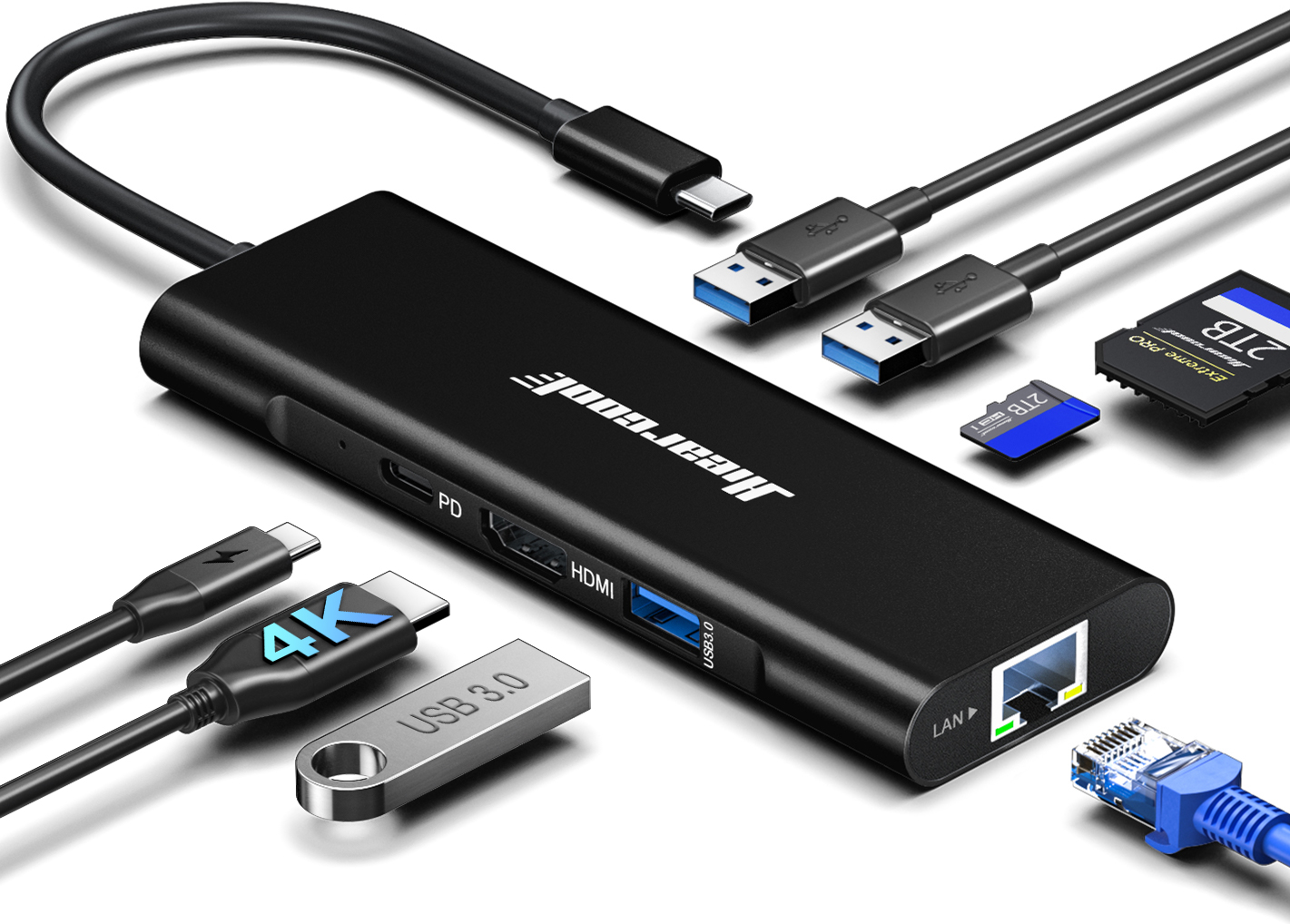 Hiearcool USB C Hub, USB C Ethernet Adapter, 8in1 USB C Docking Station with 4K 60Hz HDMI 1Gbps Ethernet 100W PD Multiport Dongle Compatible for MacBook M1 Thunderbolt 3 4 USB C Laptops-Dark Black