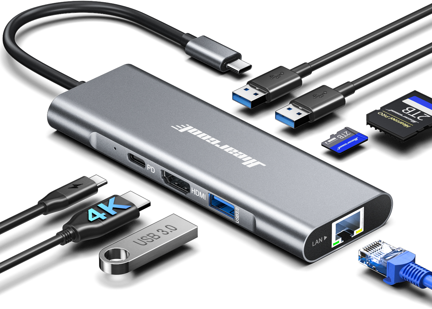 Hub adaptateur USB-C SBVR 3 en 1, Port 2 * HDMI (4K @ 60Hz) et USB-A, Prolongateur