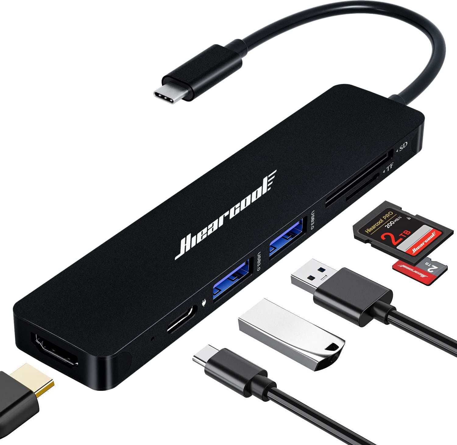 USB C Hub,Hiearcool USB C Adapter,7IN1 USB C to HDMI Mulitiport Adapter Dongle Compatible for MacBook Pro and USB C Laptop-Black