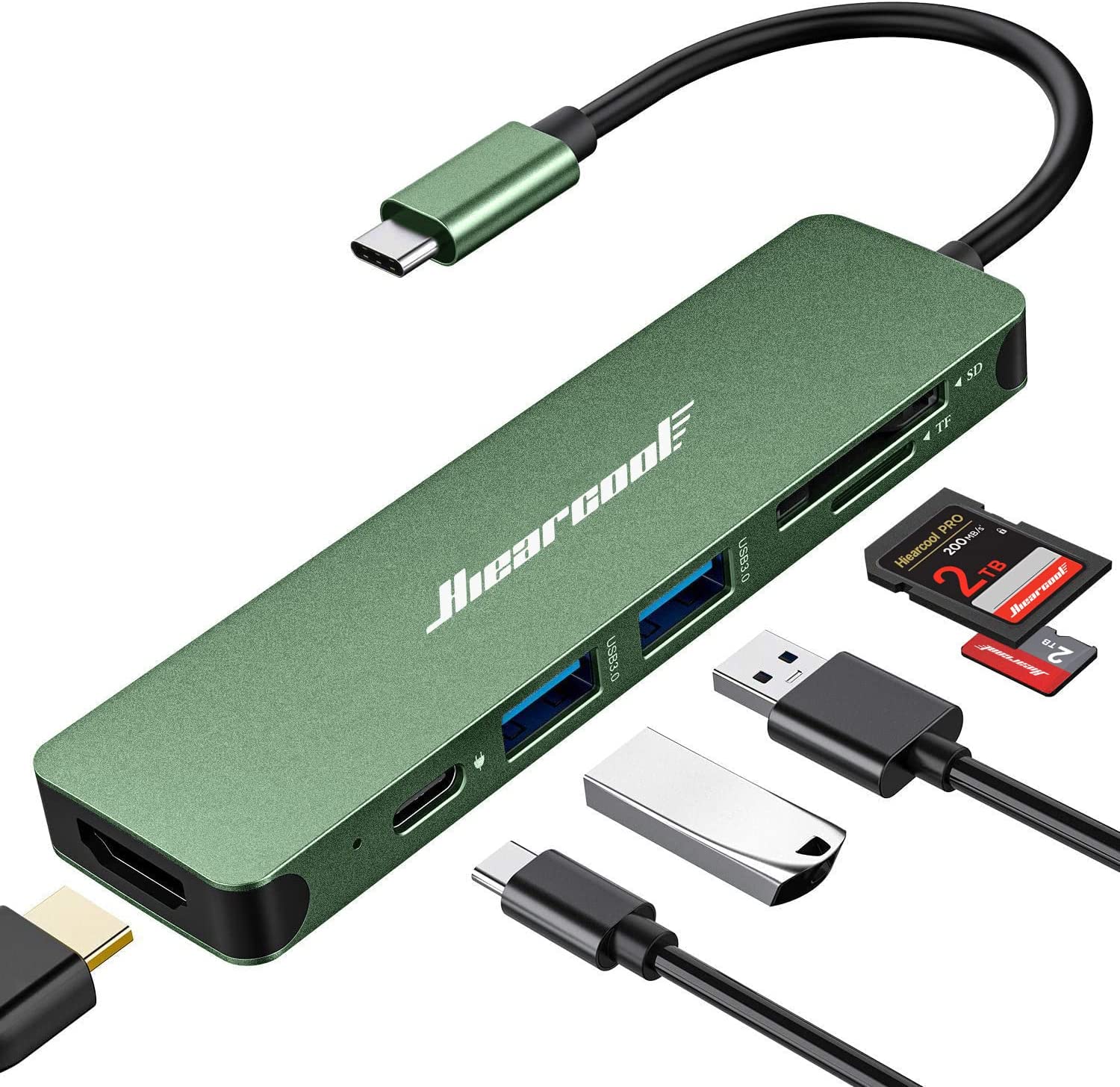 Hiearcool USB C Hub, USB C Adapter, 7 in 1 USB C Dongle USB-C to HDMI Multport Adapter Compatible for Thunderbolt 3 4 MacBook Pro Air Dell Lenovo HP Laptops and Other Type C Devices-Green