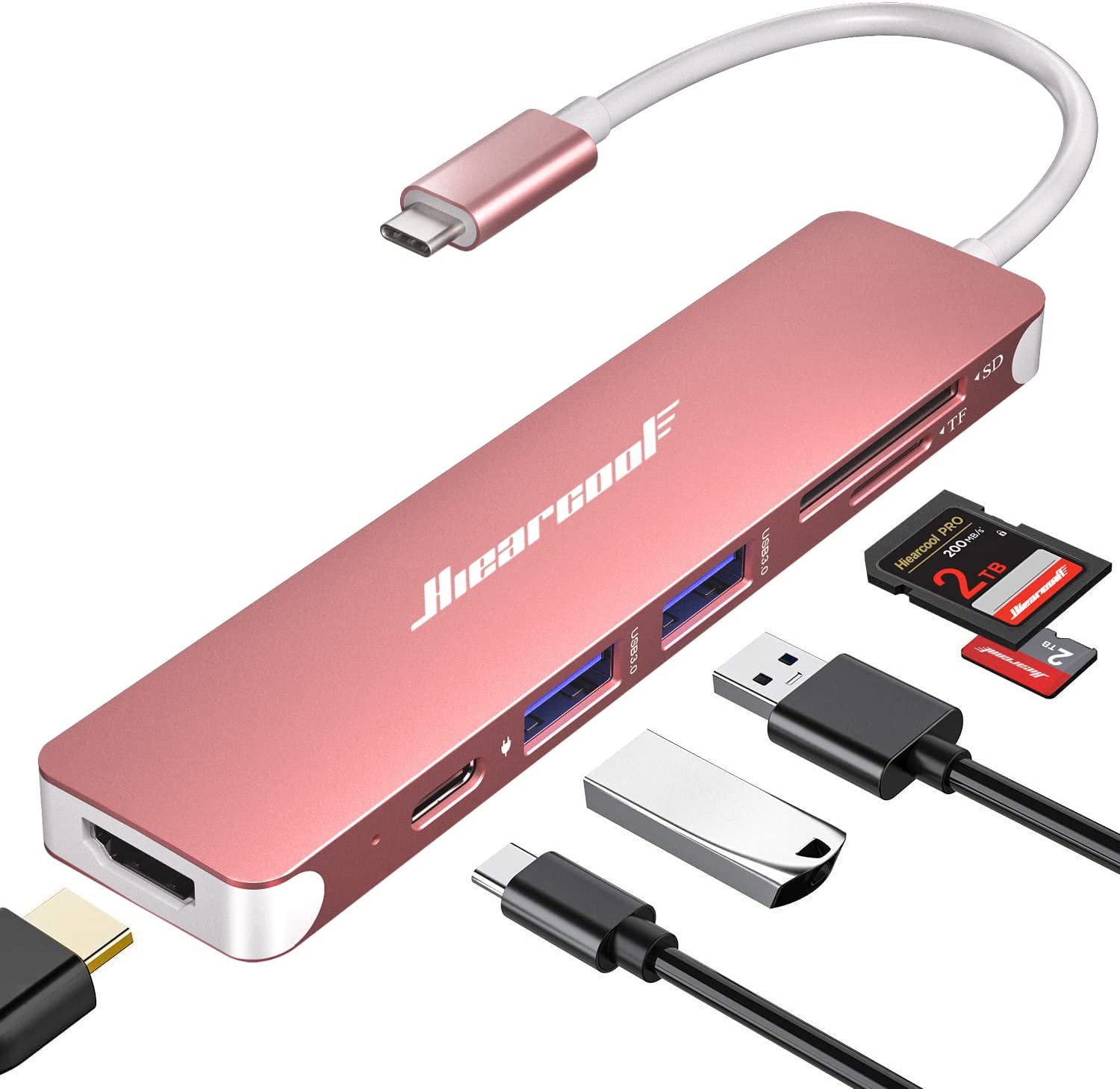 USB C Hub,Hiearcool USB C Adapter,7IN1 USB C to HDMI Mulitiport Adapter Dongle Compatible for MacBook Pro and USB C Laptop-Pink