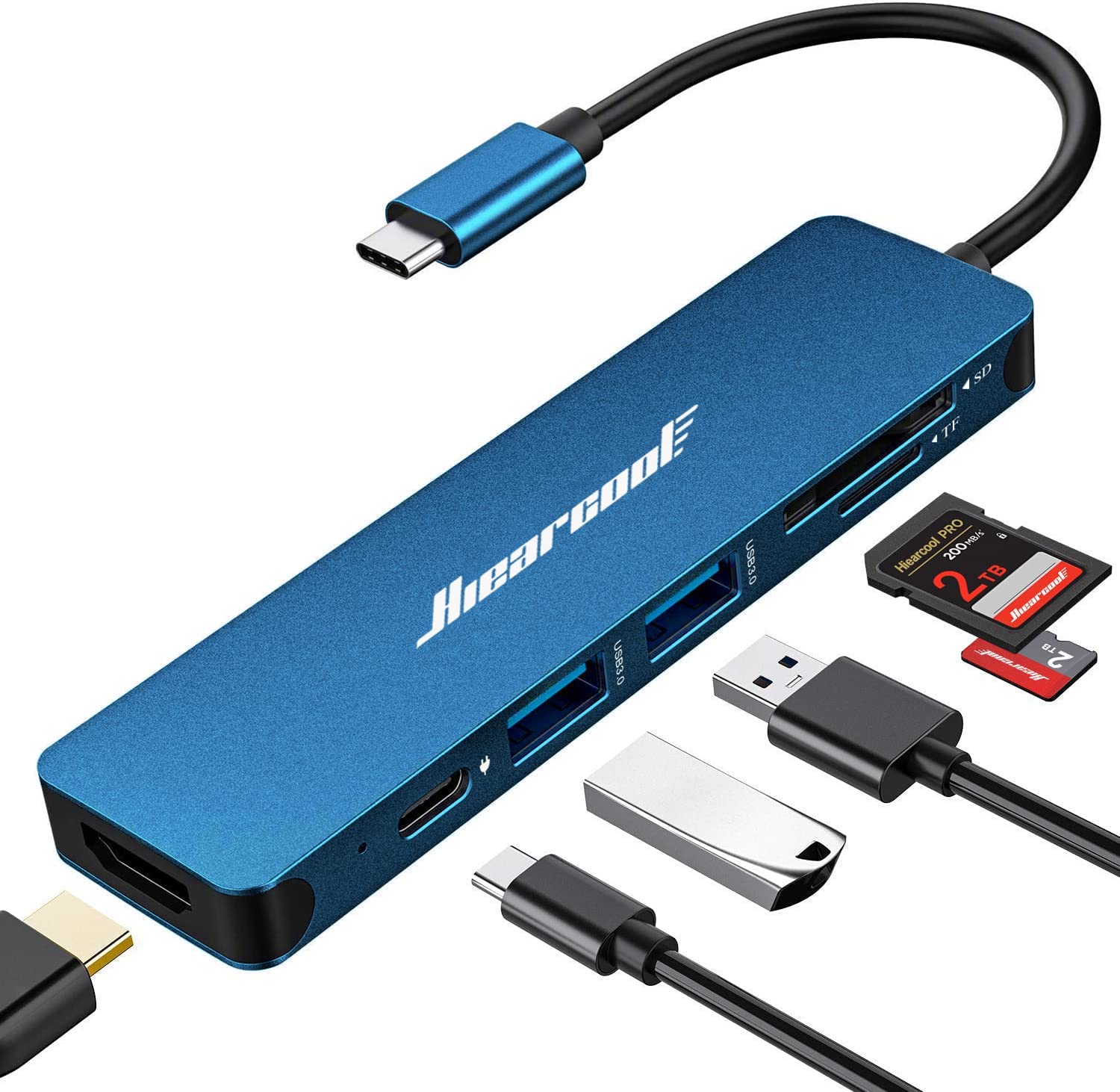 USB C Hub,Hiearcool USB C Adapter,7IN1 USB C to HDMI Mulitiport Adapter Dongle Compatible for MacBook Pro and USB C Laptop-Blue