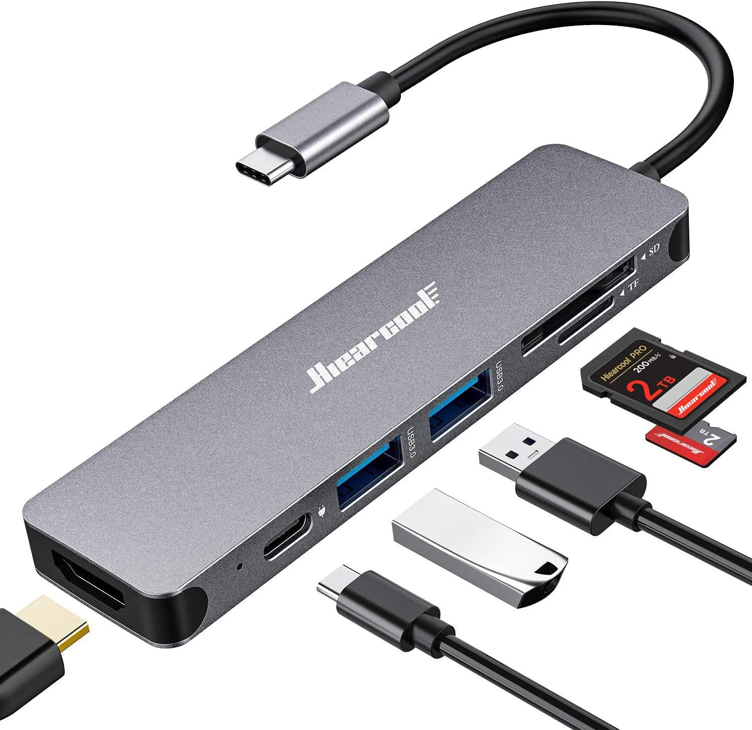 Hiearcool USB C Hub, USB C Multi-Port Adapter für MacBook Pro, 7 in 1 USB C auf HDMI Hub Dongle kompatibel für USB C Laptops und andere Typ C Geräte (4K HDMI USB 3.0 SD/TF Kartenleser 100W PD)